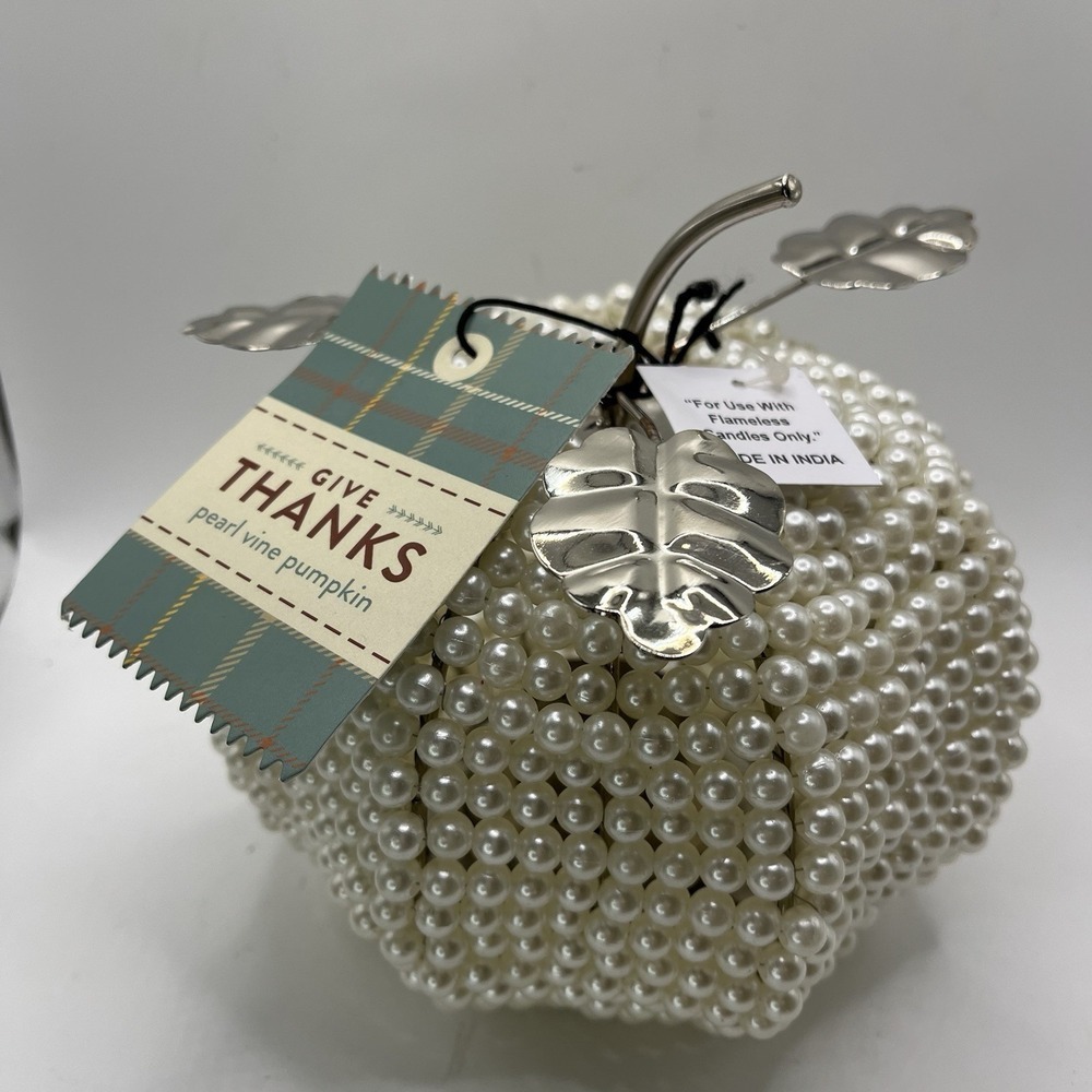 Fall Decor Pearl Vine Pumpkin Silver Metal Leaves NWT For Flameless Candle 7x7"